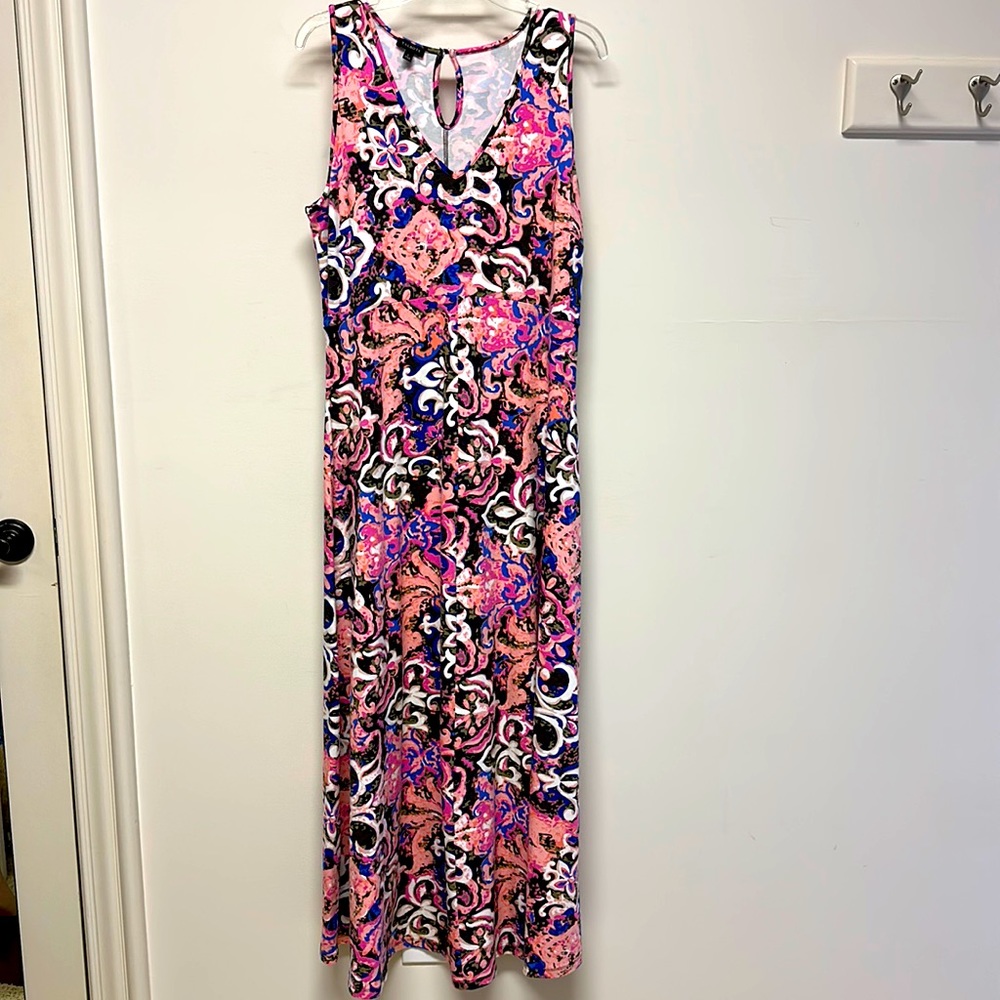 Talbots Pink White Black & Blue Bold Design Sleeveless Maxi Long Dress size L